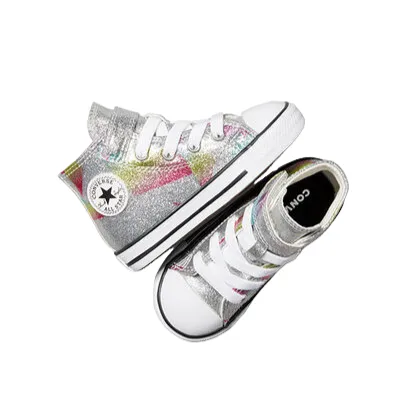 Converse glittery girl's sneaker shoe with elastic lace and velcro A04739C silver-white