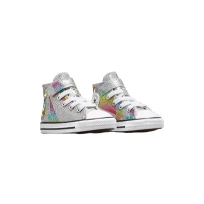 Converse glittery girl's sneaker shoe with elastic lace and velcro A04739C silver-white