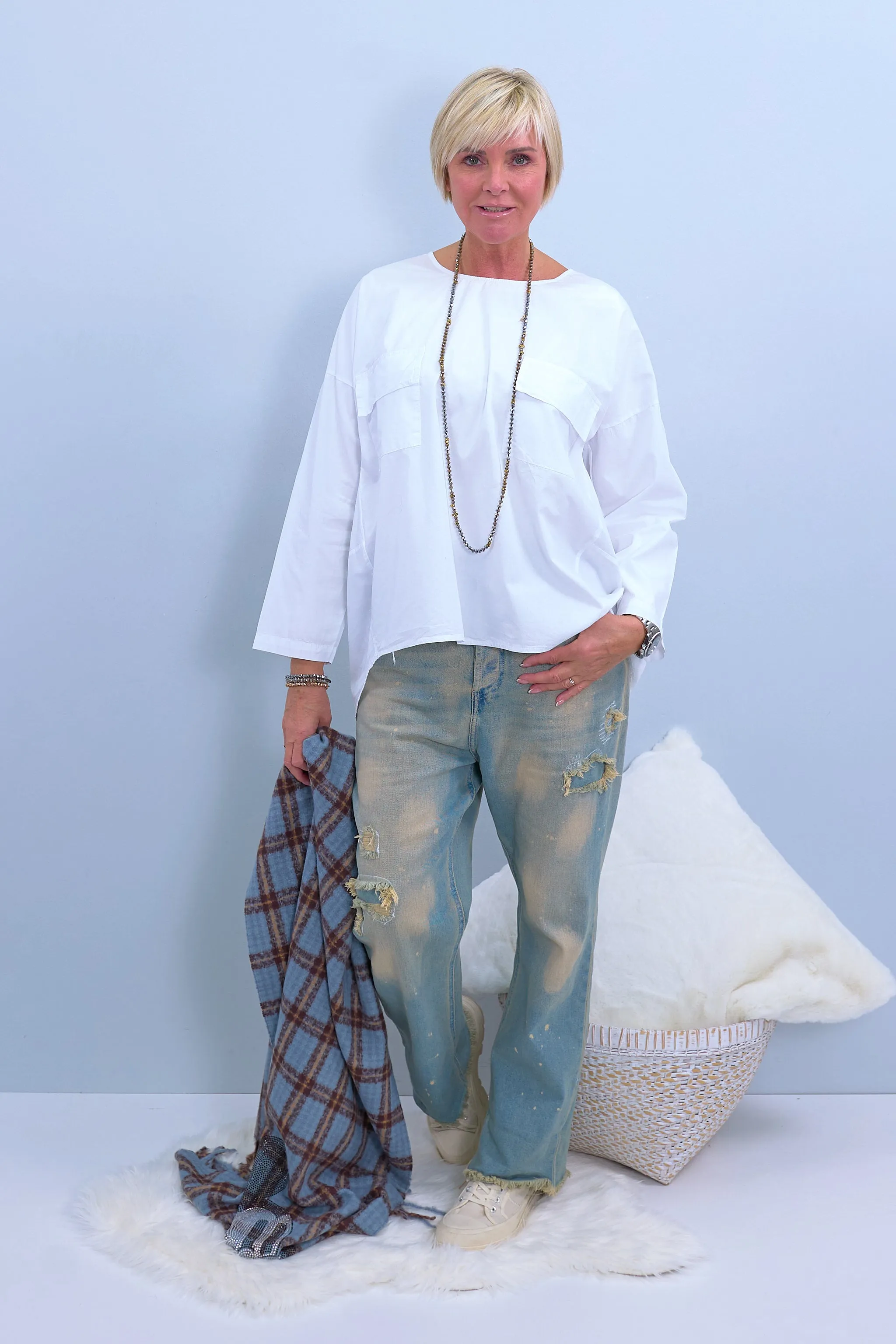 High Waist Jeans mit breitem Aufschlag, denim-sand