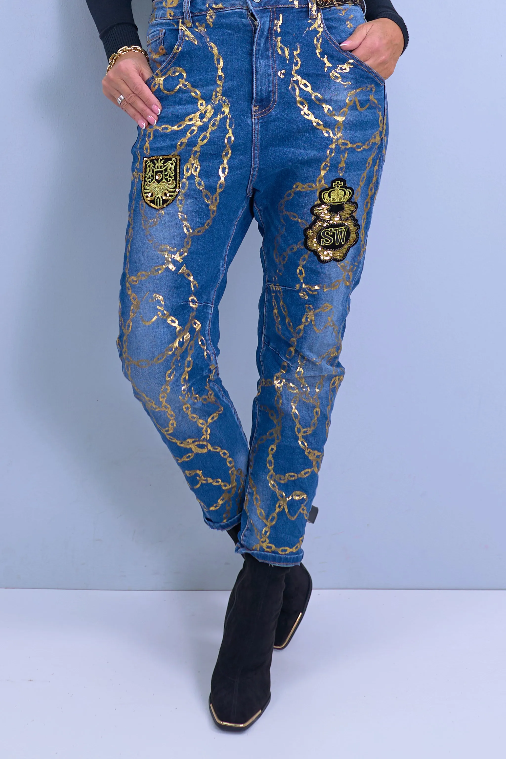 Jeans mit goldenen Details, denim-gold
