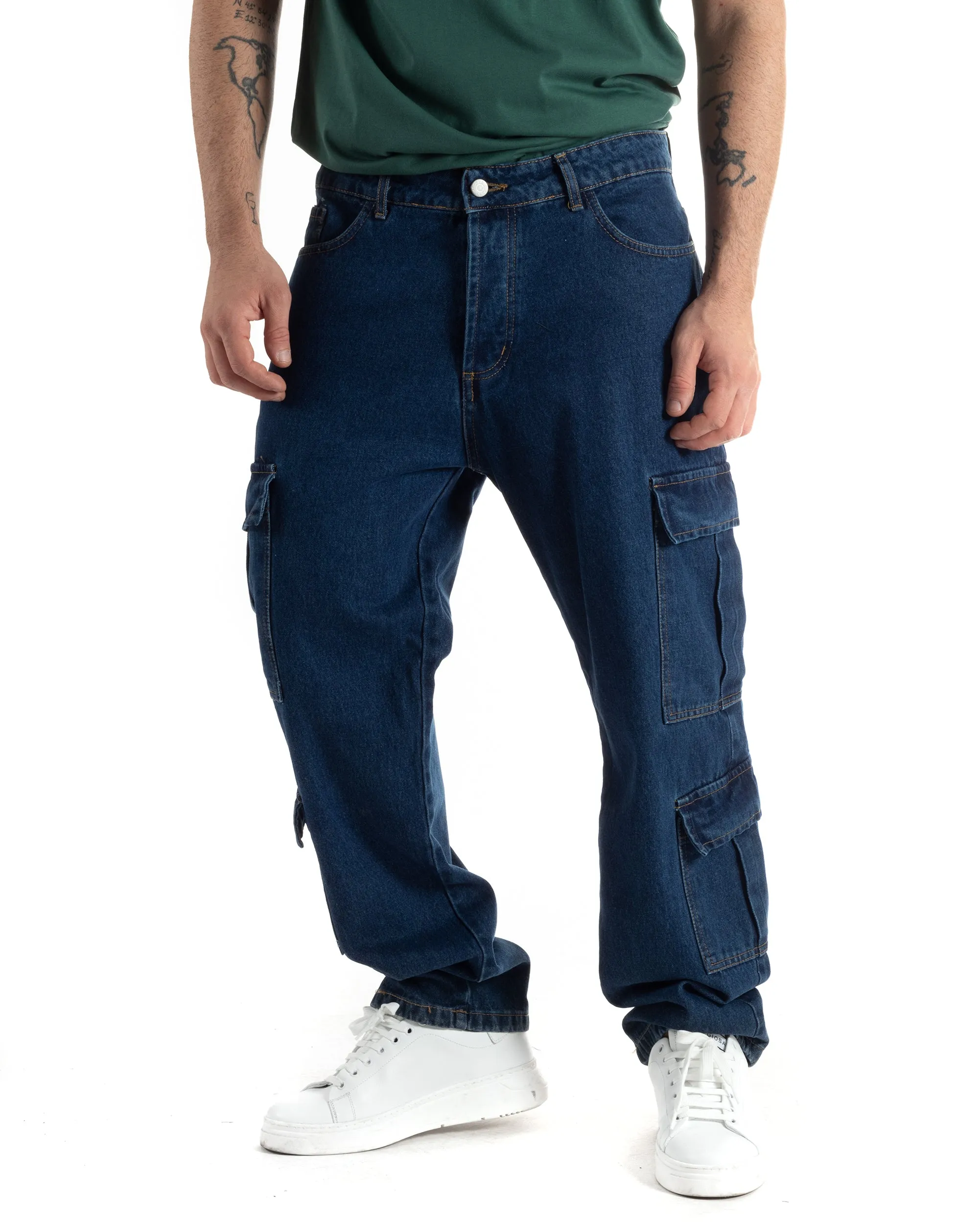 Pantaloni Uomo Jeans Cargo Straight Fit Denim Scuro Tasconi Casual GIOSAL-JS1002A