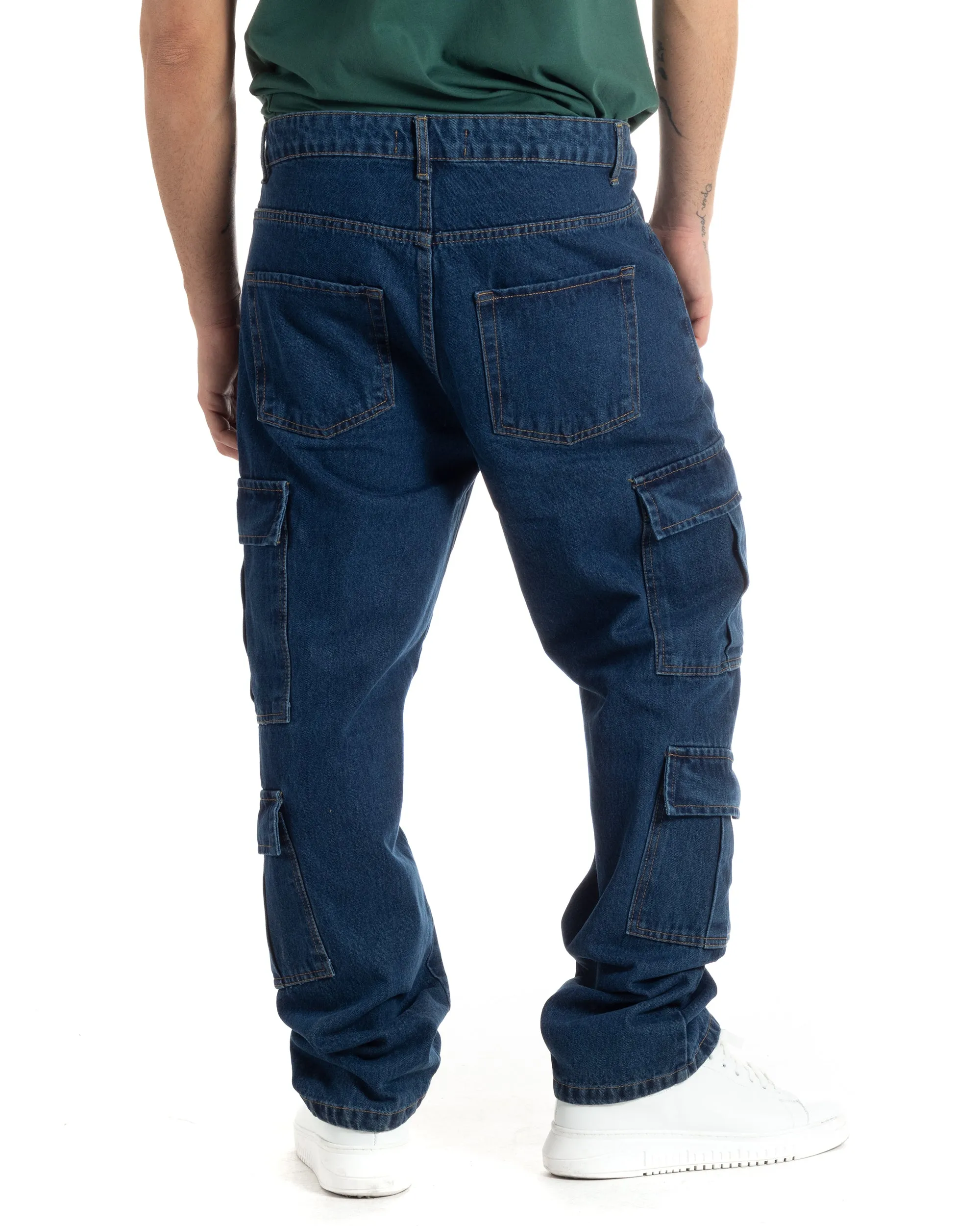 Pantaloni Uomo Jeans Cargo Straight Fit Denim Scuro Tasconi Casual GIOSAL-JS1002A