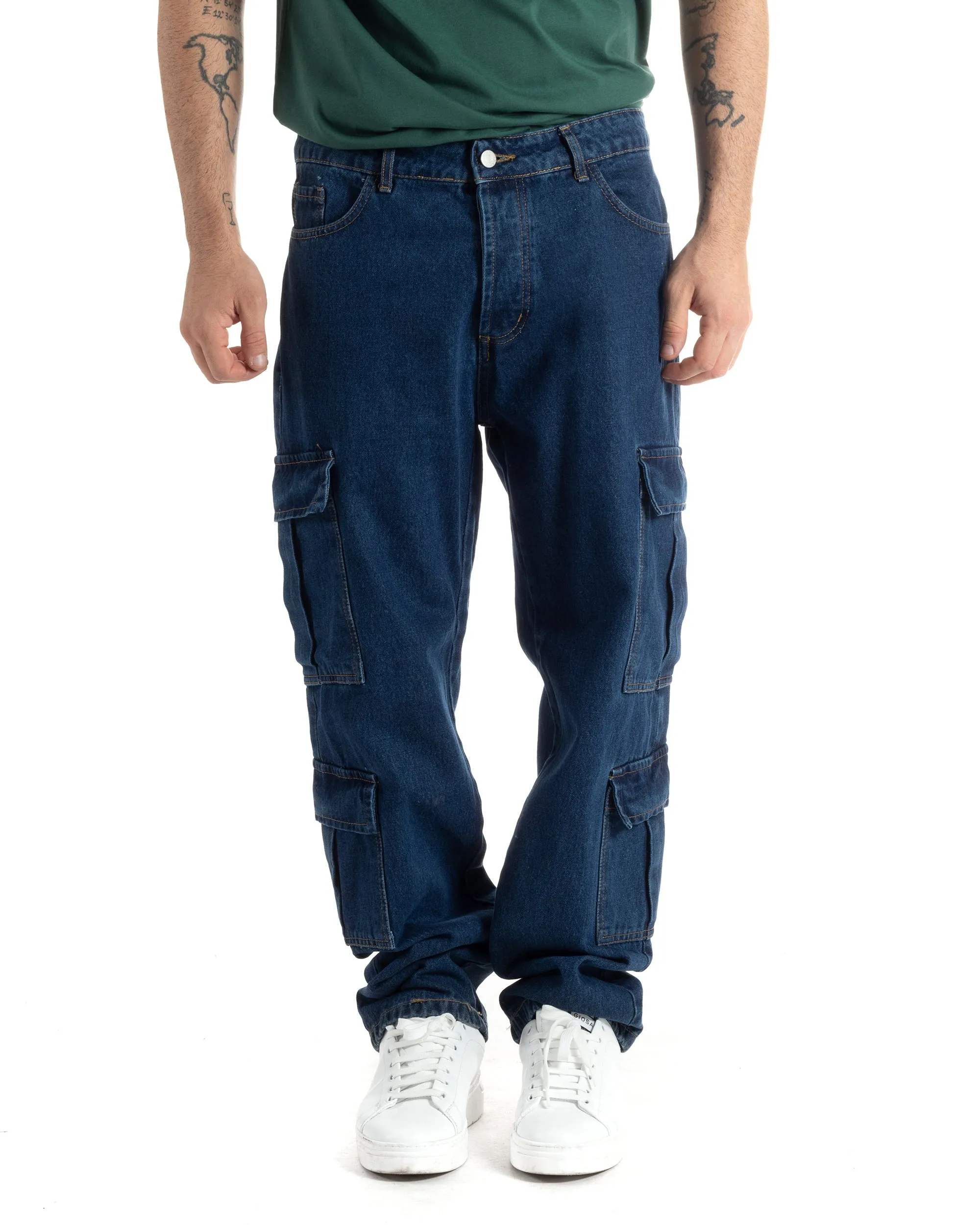 Pantaloni Uomo Jeans Cargo Straight Fit Denim Scuro Tasconi Casual GIOSAL-JS1002A