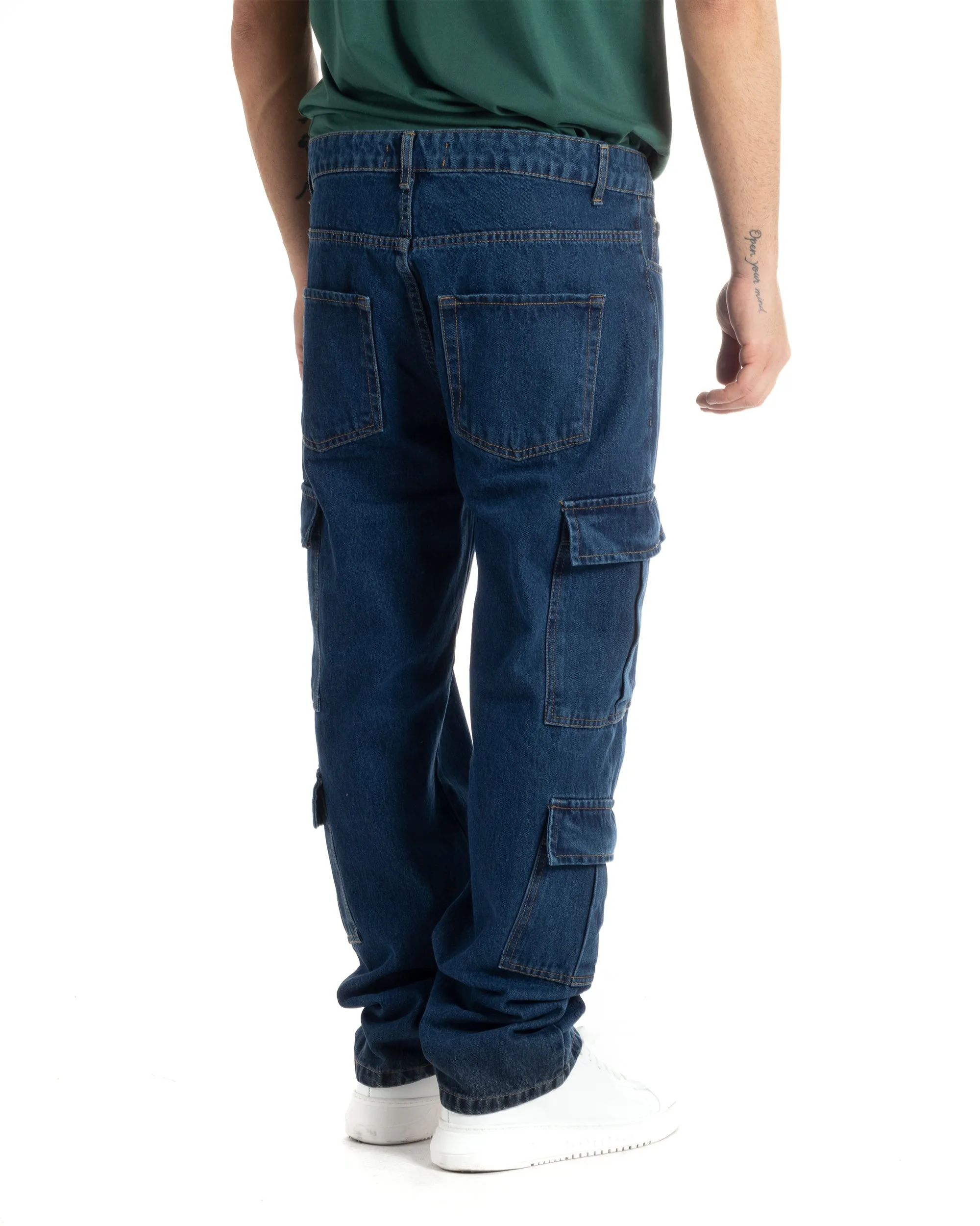 Pantaloni Uomo Jeans Cargo Straight Fit Denim Scuro Tasconi Casual GIOSAL-JS1002A