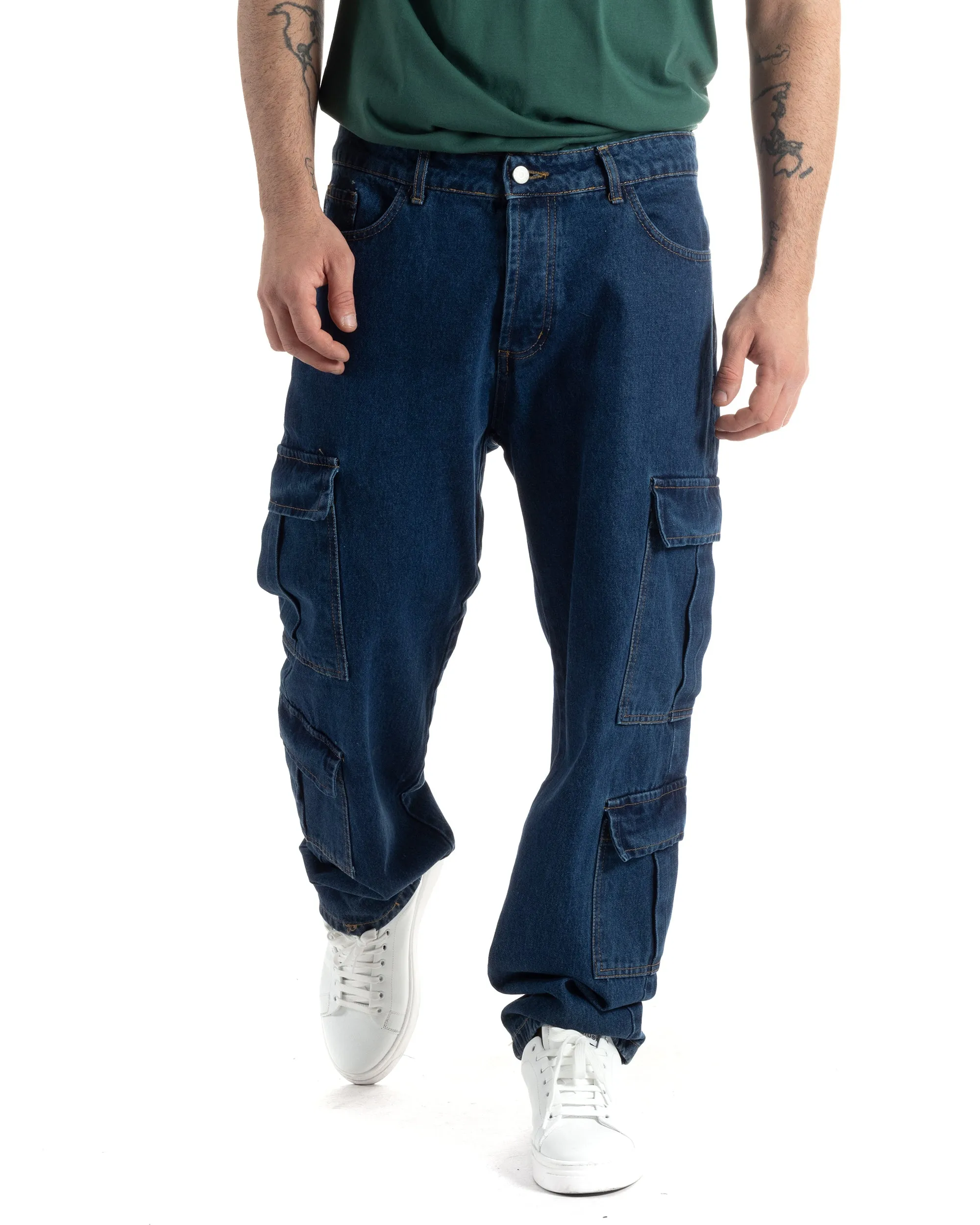 Pantaloni Uomo Jeans Cargo Straight Fit Denim Scuro Tasconi Casual GIOSAL-JS1002A