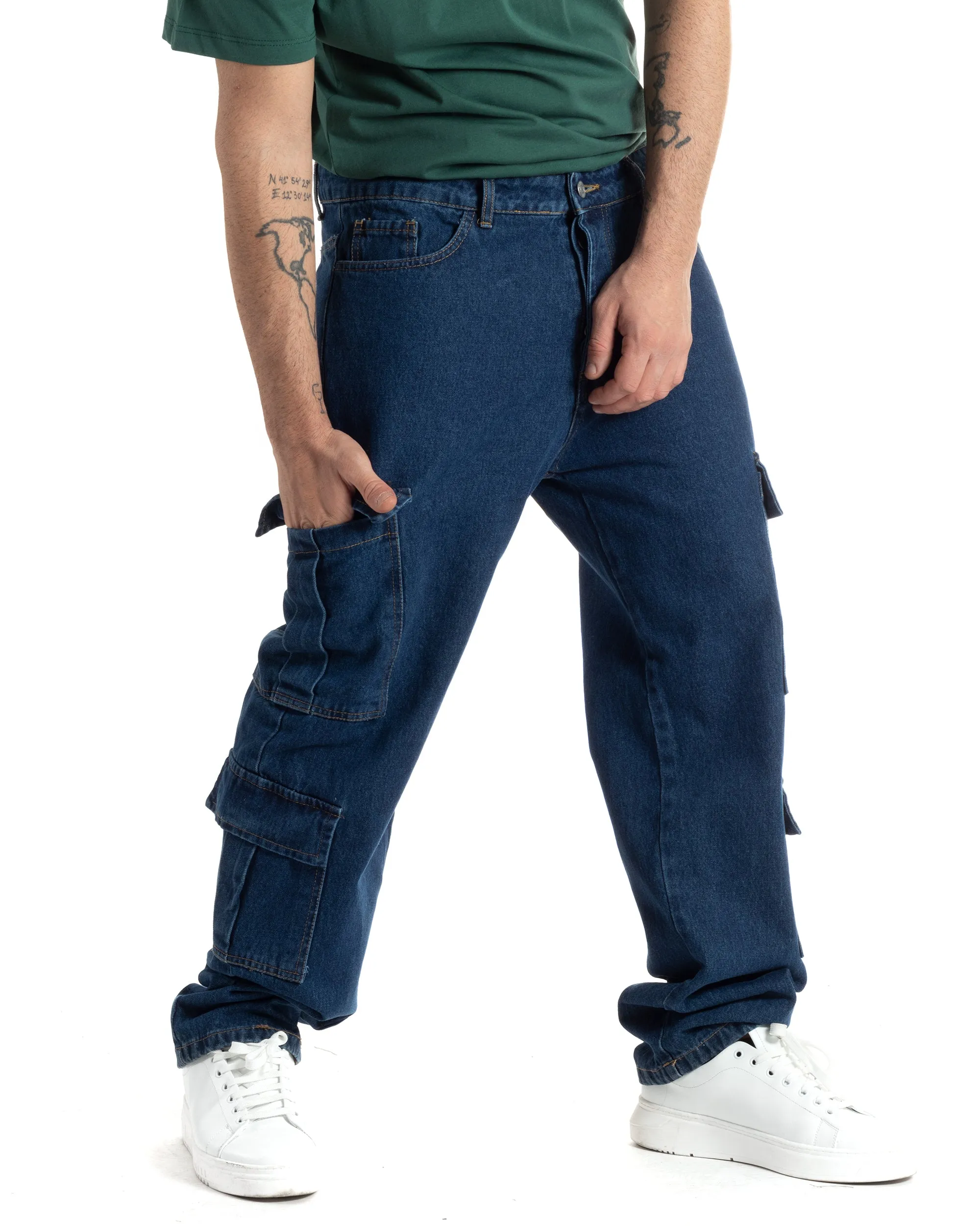 Pantaloni Uomo Jeans Cargo Straight Fit Denim Scuro Tasconi Casual GIOSAL-JS1002A
