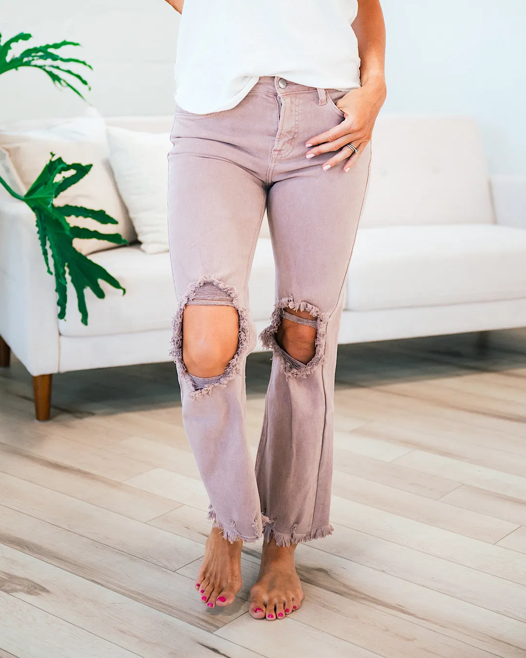 Risen Step Away Distressed Knee Jeans - Mauve