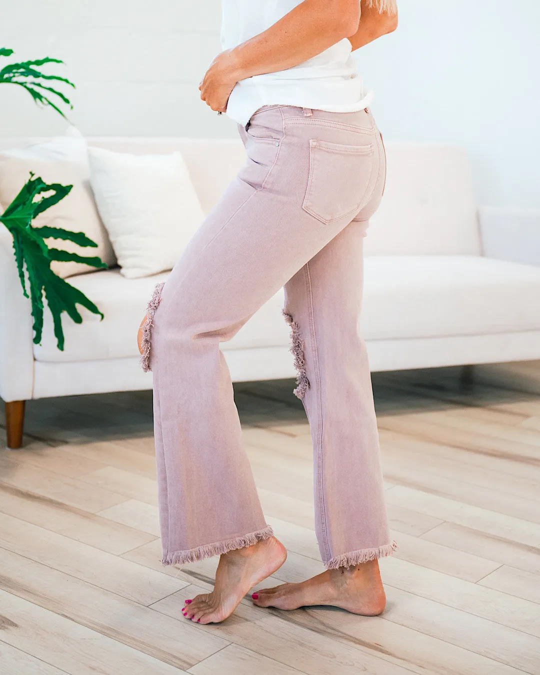 Risen Step Away Distressed Knee Jeans - Mauve